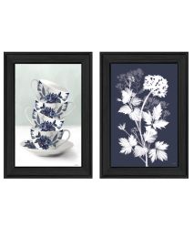 "Tea Towers with Flowers-Blue Vignette is by Artisan House Fenway; Ready to Hang Framed Print; Black Frame
