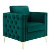 Modern Velvet Armchair Tufted Button Accent Chair Club Chair with Steel Legs for Living Room Bedroom, Green