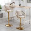 Off-White velvet bar chair, pure gold plated, unique design, 360 degree rotation, adjustable height, Suitable for dinning room and bar, set of 2