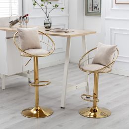 Off-White velvet bar chair, pure gold plated, unique design, 360 degree rotation, adjustable height, Suitable for dinning room and bar, set of 2