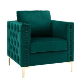 Modern Velvet Armchair Tufted Button Accent Chair Club Chair with Steel Legs for Living Room Bedroom, Green