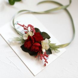 Wedding New Bridesmaid Wrist Flower Simulation Flower Groom Best Man Corsage (Option: Red wrist flower)