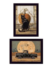 "Harvest Moon with A Black Cat & Truck" 2-Piece Vignette by Bonnie Mohr; Ready to Hang Framed Print; Black Frame (Color: as Pic)