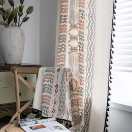 Boho Cream Cotton And Linen Print Sun Shade Non-punched Curtain Fabric (Option: Perforated fringed curtains-W135xH46CM)